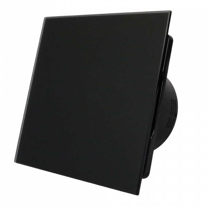 Ventilátor do kúpeľne Whisper Pro-Design - Ø100 mm - s časovačom dobehu - ploché sklo - matná čierna - čierny ventilátor