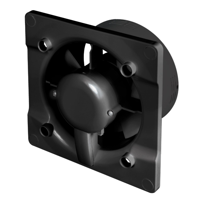 Ventilátor do kúpeľne Whisper Pro-Design - Ø100 mm - s časovačom dobehu - ploché sklo - matná čierna - čierny ventilátor