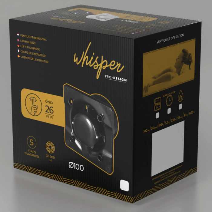 Ventilátor do kúpeľne Whisper Pro-Design - Ø100 mm - s časovačom dobehu - ploché sklo - matná čierna - čierny ventilátor