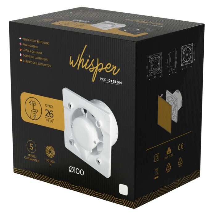 Ventilátor do kúpeľne Whisper Pro-Design - Ø100 mm - s časovačom dobehu - plochý drevený